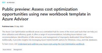 Public preview: Assess cost optimization opportunities using new workbook template in Azure Advisor